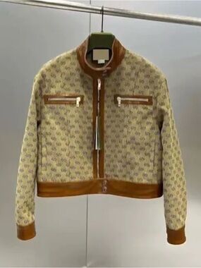 Versace Beige Monogram Cropped Bomber Jacket with Brown Trim